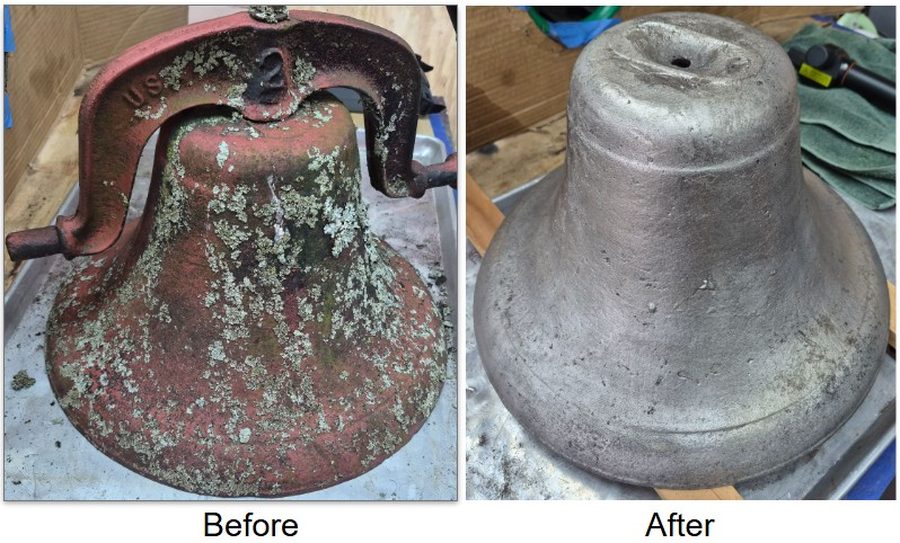 Bronze bell before and after laser cleaning